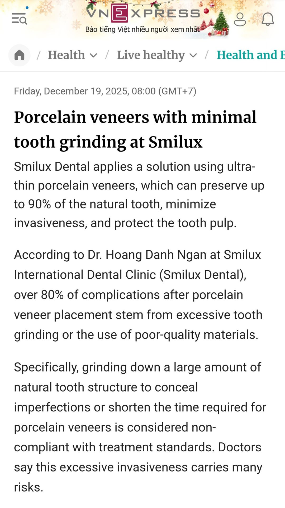 What did VNexpress newspaper say about Smilux dental