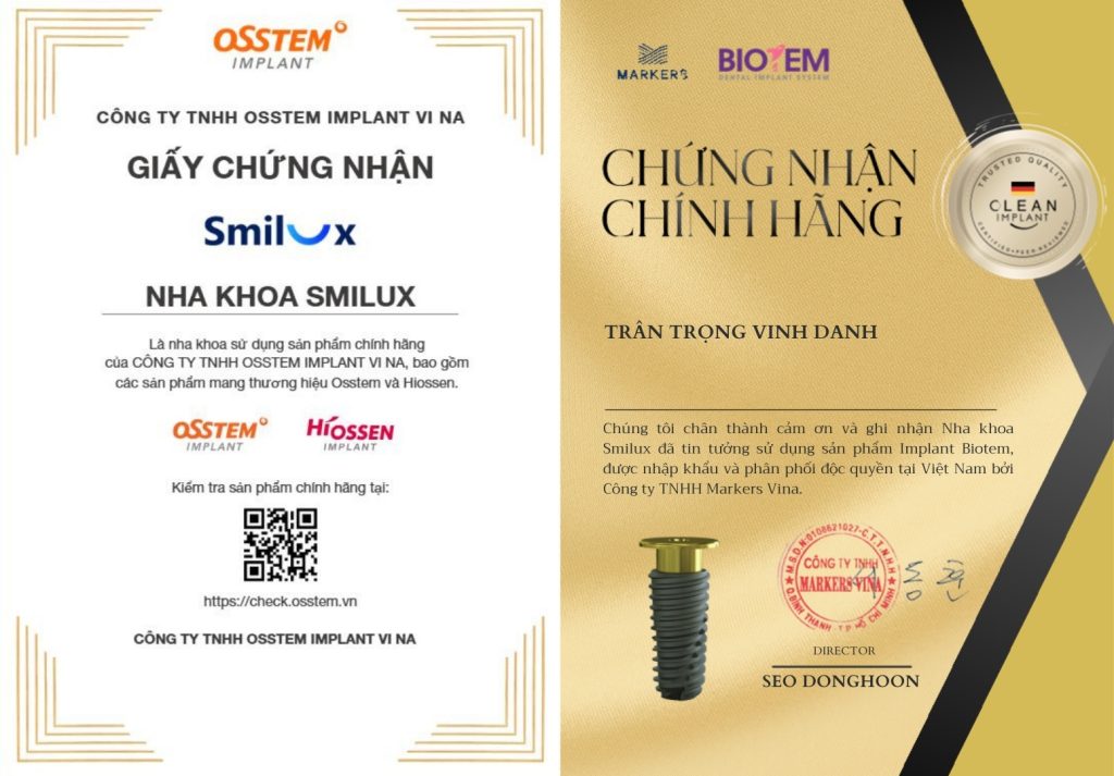 giấy chứng nhận implant hàn quốc và mỹ tại Smilux