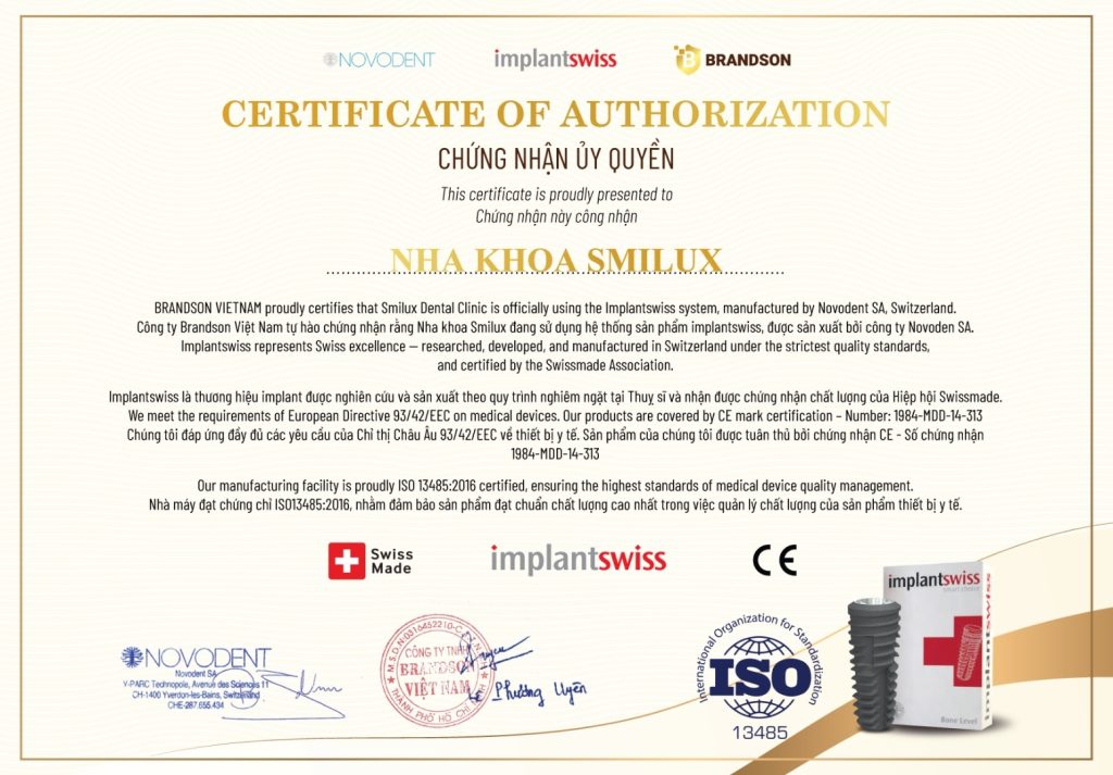 giấy chứng nhận implant thụy sỹ tại Smilux