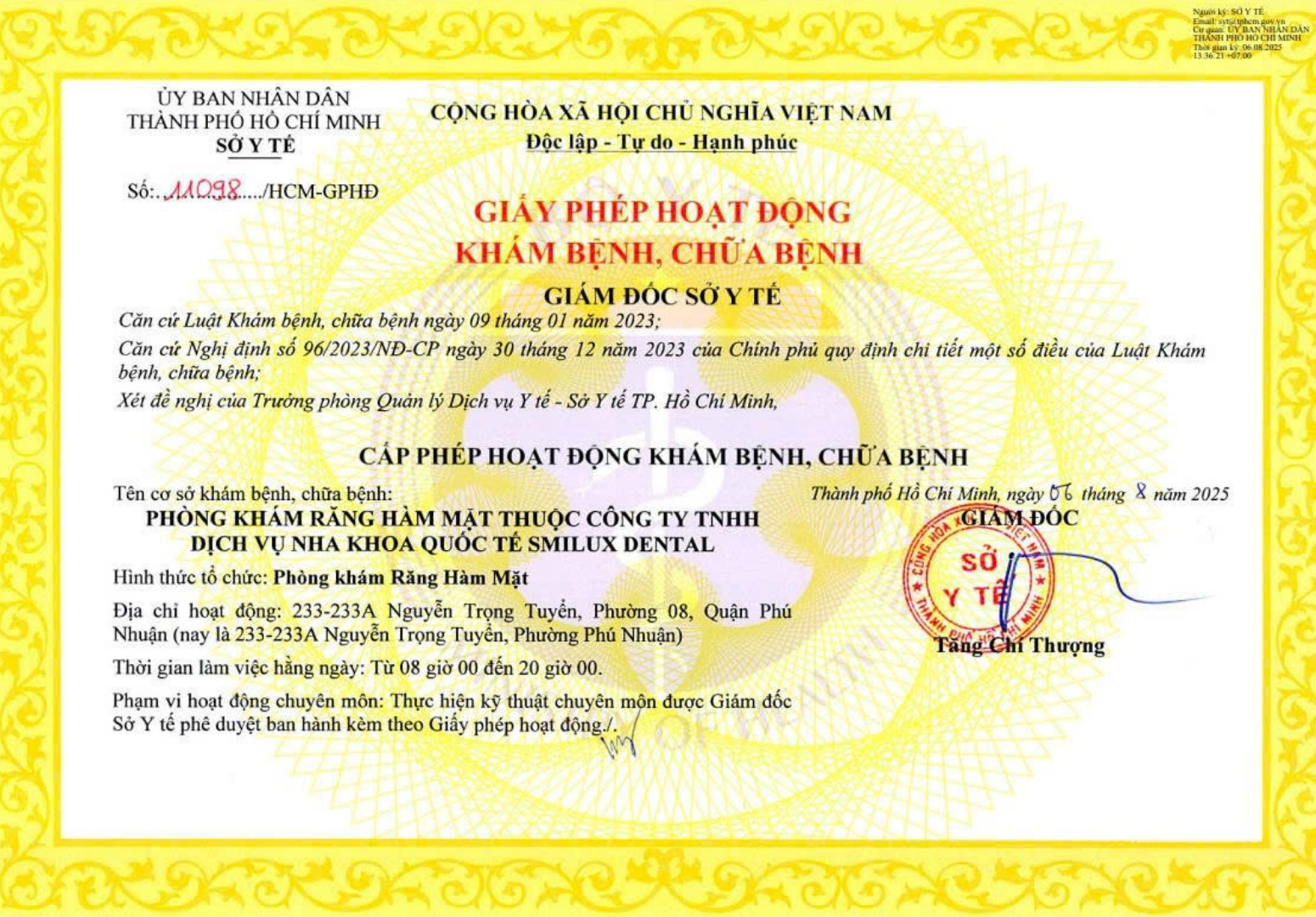 giấy phép hoạt động khám chữa bệnh Smilux