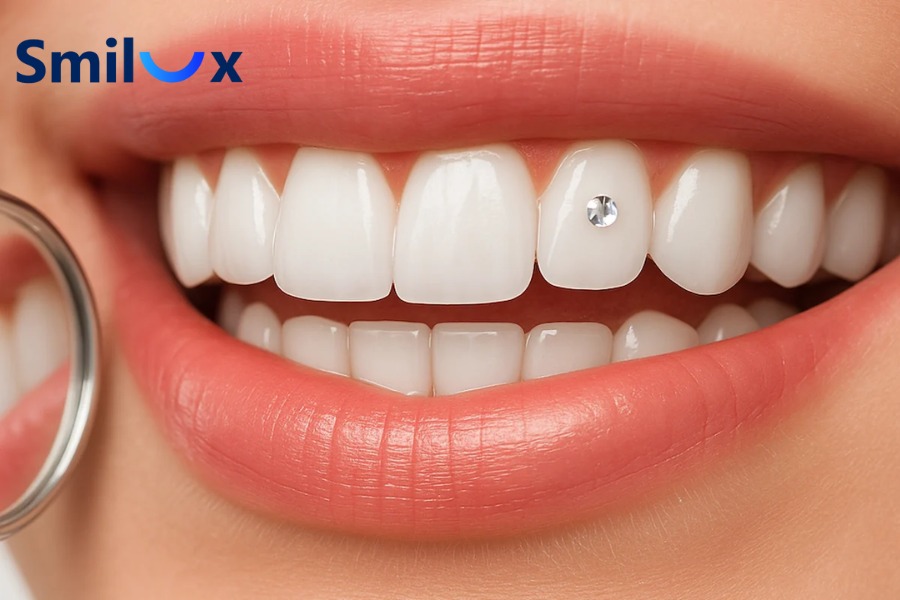 Vị trí đính đá răng đẹp thường là răng nanh hoặc răng khểnh vì dễ lộ khi cười Vị trí đính đá răng đẹp thường là răng nanh hoặc răng khểnh vì dễ lộ khi cười