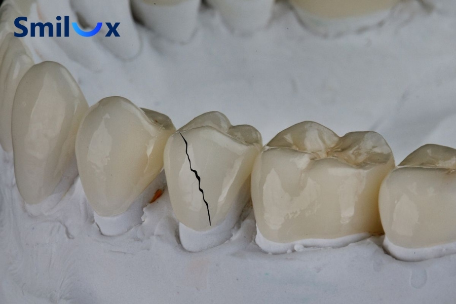 Răng sứ bị nứt, vỡ nên tháo ra, bọc lại mão sứ mới Răng sứ bị nứt, vỡ nên tháo ra, bọc lại mão sứ mới